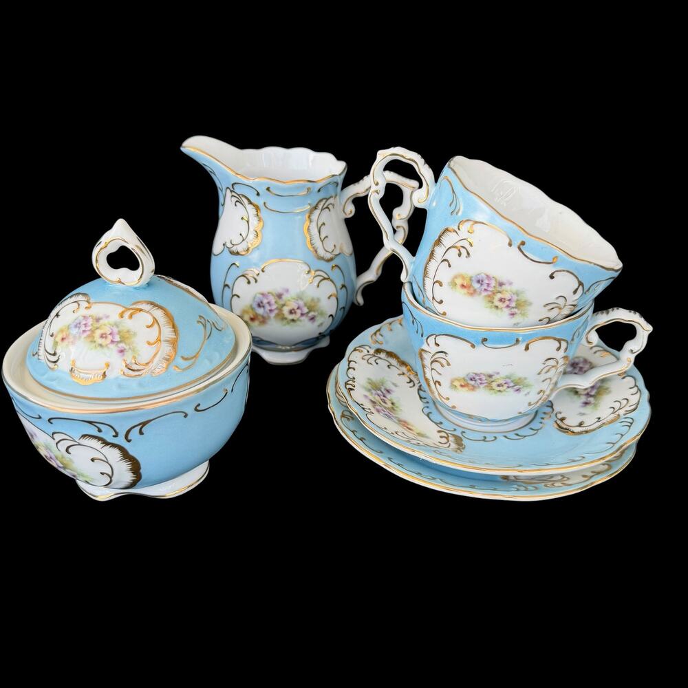 Ornate Porcelain Tea Set Victorian Style Blue with Gold Trim Floral Judy Bailey